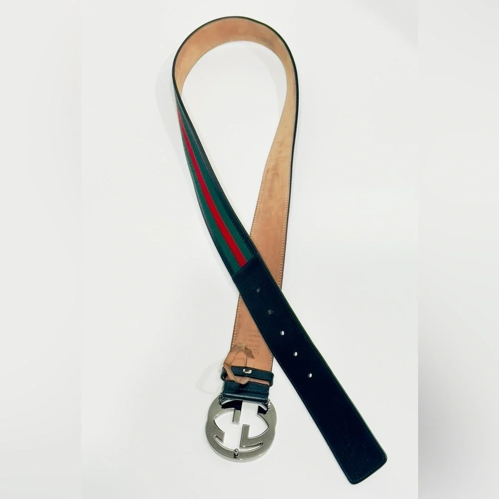 Gucci Web Canvas Black Leather Belt 114984 Silver Interlocking G Buckle 100/40
